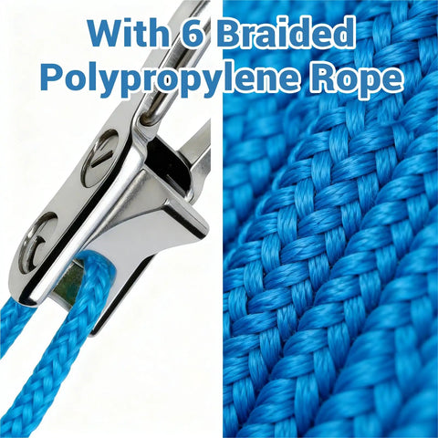 Close-up of Six Pack Rope With Roller Tensioner Set for Easy Secure Tying, featuring blue braided rope and metal tensioner.