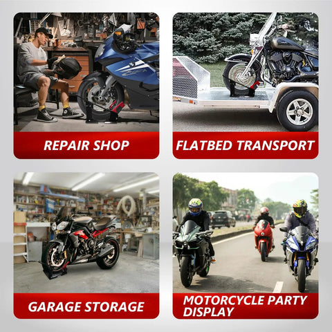 Heavy Duty Steel Motorcycle Wheel Chock With 1800 Lbs Capacity used in repair shops, transport, garage storage, and displays