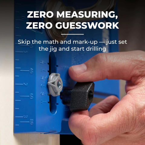 Portable Cabinet Hardware Jig With Edge Guide For Knobs And Small Pulls, close-up of hand adjusting drill setting