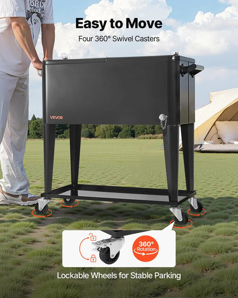 80 Quart Rolling Ice Chest Portable Beverage Cart For Patio Parties Holds Up To 50 Bottles Or 110 Cans With Bottom Shelf Side Basket And Bottle Opener Black on grass