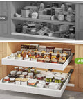 Before and after images of Four Pack White Pull Out Cabinet Organizers 21 Inch Deep Roll Out Shelves in kitchen.