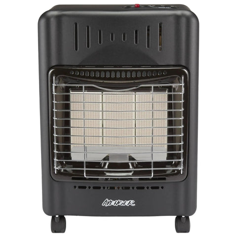 Portable Outdoor Propane Cabinet Heater With 6,000, 12,000, Or 18,000 BTU Settings front view showing safety grill and wheels