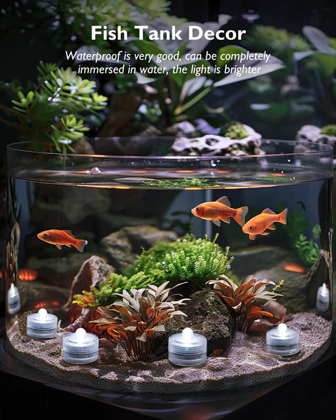 Mini Submersible LED Lights With Remote RGB Multicolor Waterproof Tealight Candles in a fish tank decor scene 10-Pack