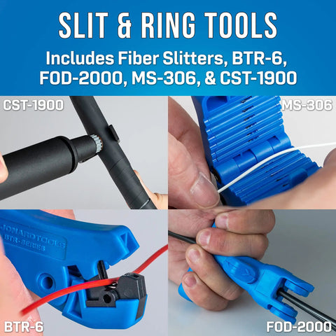 Ultimate Fiber Prep Backpack Kit With 27 Essential Fiber Optic Tools for access, stripping, and cutting, showing four tools