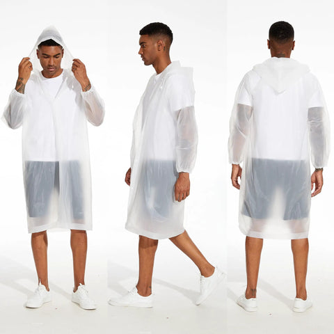 Man modeling 2 Pack Reusable Rain Ponchos For Adults With Hood And Drawstring, Waterproof EVA Rain Gear For Men And Women, side and back view.