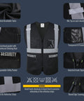 Rock Solid High Visibility Security Vest Crafted For Day Shift Crews With Full Zipper Front Five Spacious Pockets And Bright Reflective Tape That Keeps You Clearly Visible Meets Ansi Safety Rules In Jet Black XL displaying mesh fabric and pockets.