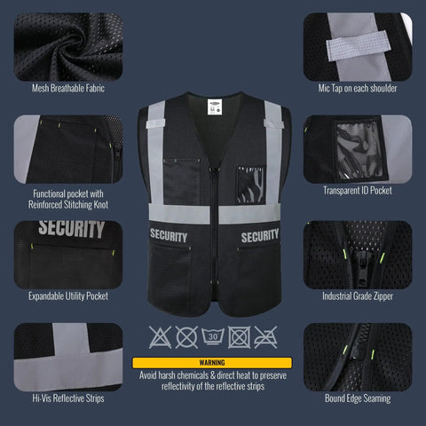 Rock Solid High Visibility Security Vest Crafted For Day Shift Crews With Full Zipper Front Five Spacious Pockets And Bright Reflective Tape That Keeps You Clearly Visible Meets Ansi Safety Rules In Jet Black XL displaying mesh fabric and pockets.