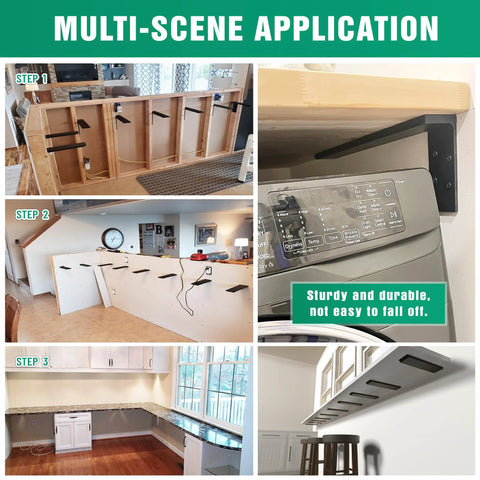 Installation steps for Free Hanging Side Wall Floating Shelf Bracket 3 Pack, 16 Inch Heavy Duty Countertop Support Brackets in kitchen.