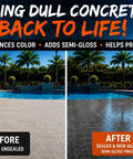 Before and after image showing Pro Level Water Based Concrete Sealer With Semi Gloss Finish and Super Color Boost for patios.