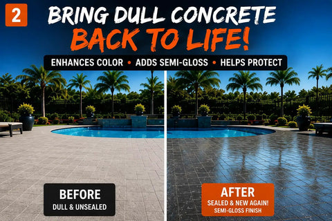 Before and after image showing Pro Level Water Based Concrete Sealer With Semi Gloss Finish and Super Color Boost for patios.