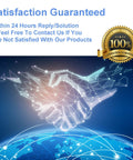 Digital handshake above a glowing earth with 'Satisfaction Guaranteed' text and a 100% satisfaction seal badge.