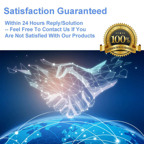 Digital handshake above a glowing earth with 'Satisfaction Guaranteed' text and a 100% satisfaction seal badge.