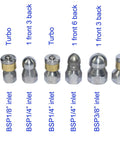 7 Pack 4000 PSI Sewer Jetter Nozzle Kit With Rotating Button Nose arranged in a row, various sizes and inlet diameters visible.