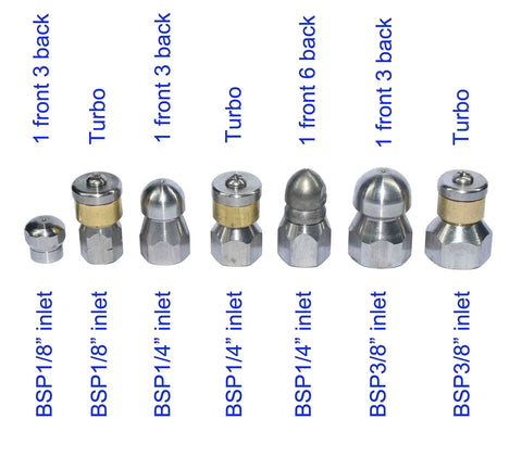 7 Pack 4000 PSI Sewer Jetter Nozzle Kit With Rotating Button Nose arranged in a row, various sizes and inlet diameters visible.