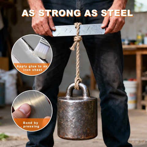 Rugged Metal Repair Epoxy demonstration holding heavy weight, highlighting glue application and bonding process for steel and iron.