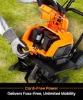 Person inserting batteries into Powerful Workhorse Brushless 48V Cordless Tiller Cultivator With Two 24V Four Point Zero Amp Hour Batteries