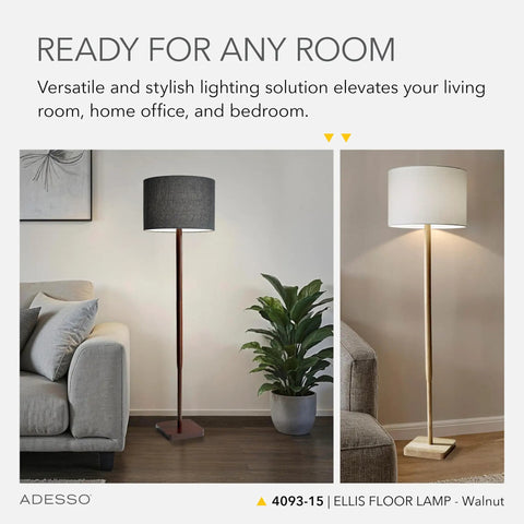 Walnut Rubberwood Floor Lamp With Grey Fabric Drum Shade 58.5 Inch Tall 3 Way Adjustable Brightness next to a grey couch