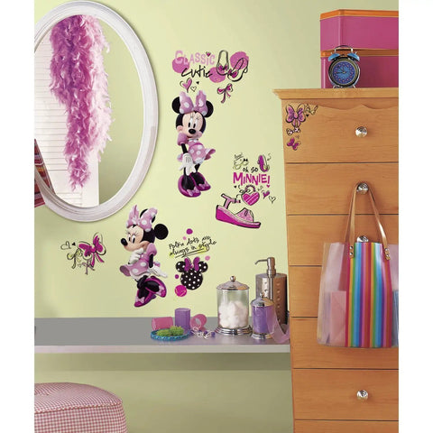 Minnie Fashionista Peel And Stick Wall Decal Pink For Kids Room Removable Repositionable Wall Art Set With 19 Pieces on wall