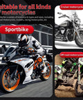 Collage of cruiser, sportbike, and off-road motorcycles suitable for Portable Motorcycle Wheel Chock With 1800 Lb Capacity Adjustable Front Tire Stand For 8 To 21 Inch Wheels Universal Fit For Cruisers Sport Bikes Dirt Bikes Trailers And Trucks Easy Install.
