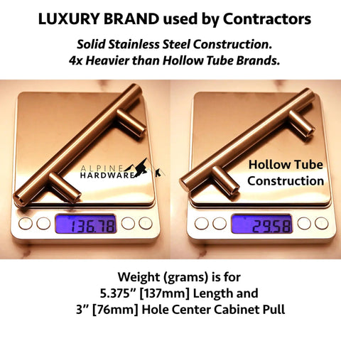 Top Shelf Solid Stainless Steel Euro Bar Cabinet Handles And Drawer Pulls Featuring Sleek Marble Finish Heavy Duty Build For Fast Home Reno Easy Center To Center Mounting Setup Killer Five Pack Bundle weight comparison, solid vs hollow tube pulls.