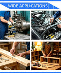 Collage showing 304 Stainless Steel Fender And Lock Washers Set For Screws And Bolts, used in car engine, woodworking, and machining.
