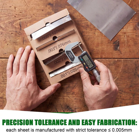 Person measuring Pro Grade 301H Stainless Shim Stock Set, 4 Roll Assortment In 0.001 In, 0.002 In, 0.003 In, And 0.005 In Thick