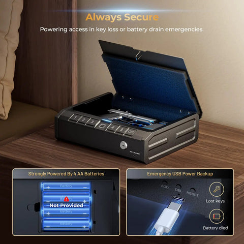 Biometric Gun Safe With Fast Fingerprint Access And Keypad Interior Light Emergency Power Pistol Safe on nightstand