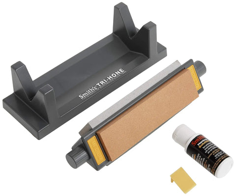 Tri Hone Stone Sharpening System with 6-inch fine Arkansas, medium, and coarse stones, base, honing oil, and angle guide