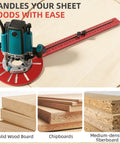 5 In 1 Router Circle Jig And Milling Groove Bracket installed on wooden surface with a router, aluminum guide, and red measurement ruler.