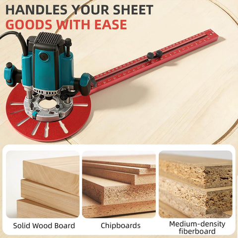 5 In 1 Router Circle Jig And Milling Groove Bracket installed on wooden surface with a router, aluminum guide, and red measurement ruler.