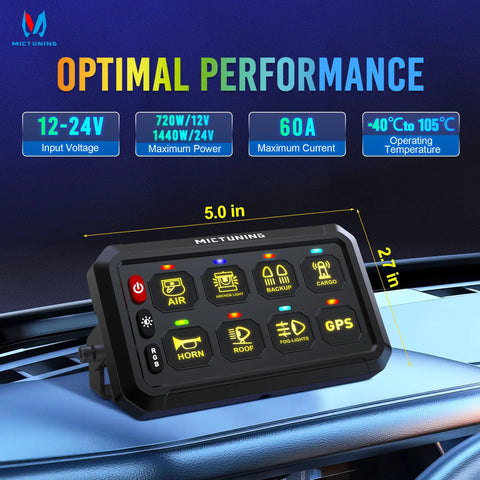 8 Gang RGB Switch Panel With Backlit Off Multifunction Toggle Switch Pod For Truck RV Offroad Marine Momentary Flash Strobe Pulses 5 Level Brightness Relay Control Box Plug And Play Mounting Brackets Labeling Stickers Included on dashboard