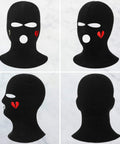 Three Hole Knit Ski Mask Balaclava for Winter Warmth with heart design, black full face cover, front and side views
