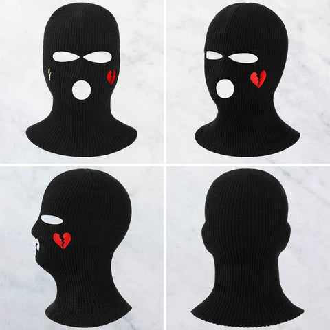 Three Hole Knit Ski Mask Balaclava for Winter Warmth with heart design, black full face cover, front and side views