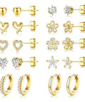 Gold Stud And Hoop Earring Set For Women With Eight Pairs Of Studs And Two Pairs Of Hoops, 14K Gold Plated CZ, Hypoallergenic Jewelry Gift, Dainty Flower And Heart Designs For Everyday Wear Or Night Out. Gold-plated stud and hoop earrings on white