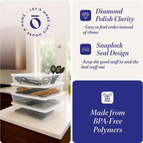 4 Pack SnapLock Clear Plastic Storage Bins With Lids 28-Quart Stackable Containers in kitchen setup