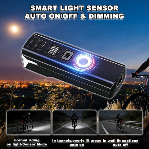 Ultra Bright Rechargeable Bicycle Headlight With Light Sensor LCD Display 4 Modes Waterproof Front Light For Night Riding High Lumens For Men Women Kids Built To Last With USB C Fast Charge 180 Degree Beam Hands Free Safety See And Be Seen