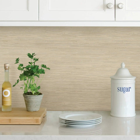 Cream Tibetan Faux Grasscloth Peel And Stick Wallpaper on kitchen backsplash, neutral textured grasscloth look for walls, no residue
