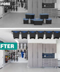 Heavy Duty Ceiling Storage Rack For Garage, Adjustable Overhead Bin System, 7 Sets For 6 Bins, 16 Inch Span, Rust Resistant Coating, High Strength Steel Holds Up To 176 Lbs installed in garage before and after organization