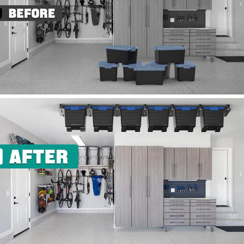 Heavy Duty Ceiling Storage Rack For Garage, Adjustable Overhead Bin System, 7 Sets For 6 Bins, 16 Inch Span, Rust Resistant Coating, High Strength Steel Holds Up To 176 Lbs installed in garage before and after organization