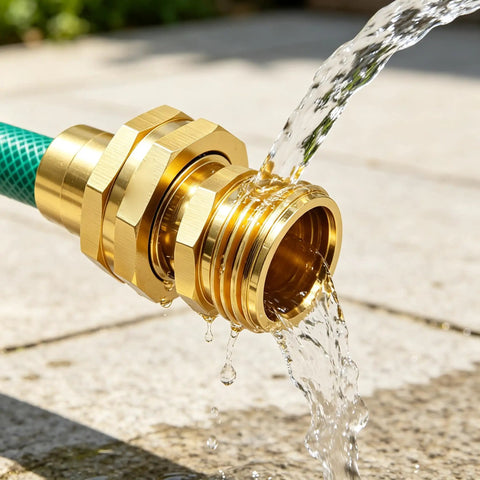 Complete Garden Hose Repair Kit Fixes Leaks Fast with Heavy Duty Aluminum Ends And Stainless Clamps Perfect For 3 4 Or 5 8 Inch Hoses Easy Fix For Sprinklers brass hose connector with water flowing