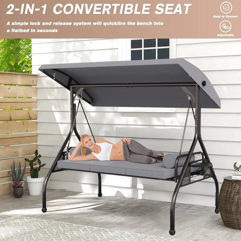 Woman lounging on three seat outdoor porch swing chair with adjustable canopy two in one convertible backrest into bed