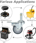 Various applications for Set Of 4 Beefy 2 Inch Stem Caster Wheels Heavy Duty Swivel Locking Casters shown with utility items.