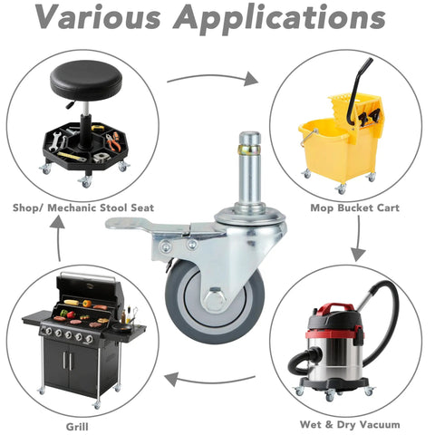 Various applications for Set Of 4 Beefy 2 Inch Stem Caster Wheels Heavy Duty Swivel Locking Casters shown with utility items.