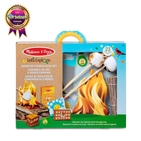 Campfire S'mores Pretend Play Set With 23-Piece Toy Food Kit For Kids 3 Plus in packaging with marshmallows and logs visible