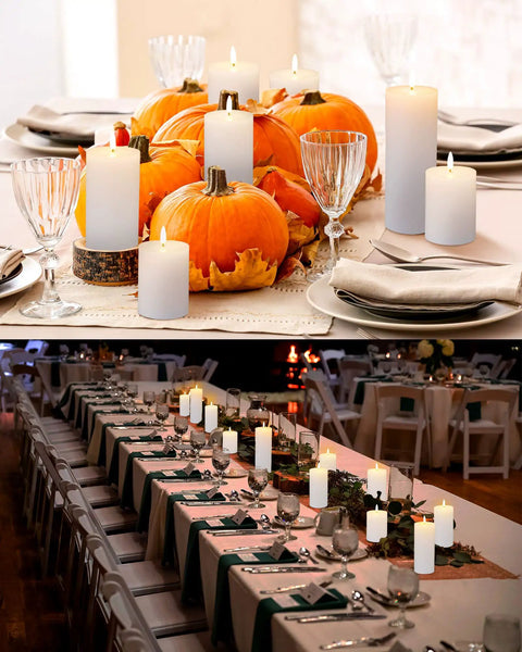 Flameless LED Pillar Candles With Remote And Timer, Battery Powered White Pillar Candles Flat Top, 10 Pack Set on festive dining tables
