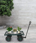 Heavy Duty Metal Deck Garden Cart With 10 Inch Air Tires For Farm Yard And Cargo Large 34 Inch By 18 Inch Utility Wagon With 176 Lb Capacity Great For Dirt Rocks Wood Boxes And More Green shown with potted plants
