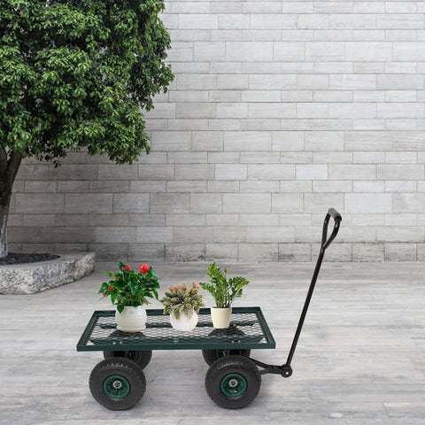 Heavy Duty Metal Deck Garden Cart With 10 Inch Air Tires For Farm Yard And Cargo Large 34 Inch By 18 Inch Utility Wagon With 176 Lb Capacity Great For Dirt Rocks Wood Boxes And More Green shown with potted plants