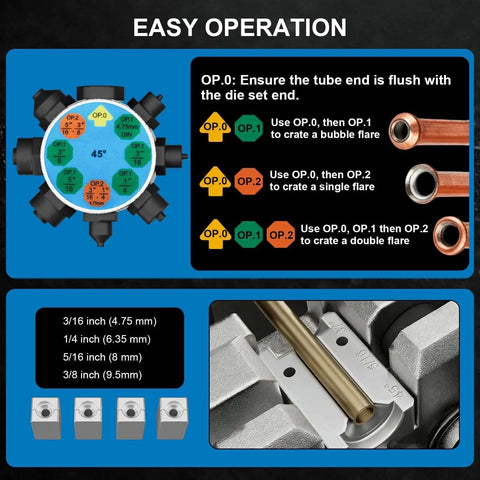 Professional Brake Line Flaring Tool Kit For 45 Degree Single Bubble And Double Flare with operation instructions and die sizes