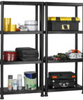 52 Inch Four Shelf Shelving Unit Black Beefy Heavy Duty Metal Rack Refurbished And Tested Like New For Garage Or Workshop Storage With Easy Assembly And All Accessories Included, loaded with tools and supplies.