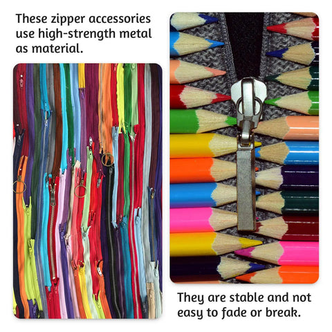 All In One Zipper Repair Kit With Metal Insertion Pins, showing colorful zippers and a metal slider between pencils.